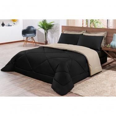 Imagem de Kit Edredom + Jogo De Lençol Aconchego Look House Dupla Face Casal Queen 06 Peças - Preto- Caqui