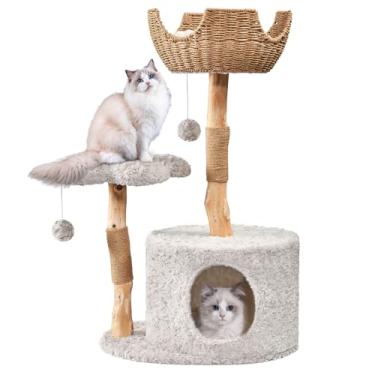 Imagem de Easyego Árvore moderna para gatos, torre de madeira estética para gatos grandes, condomínio de luxo para gatos com postes para arranhar e plataformas de flores, móveis para gatos da Easyego (cabelo de