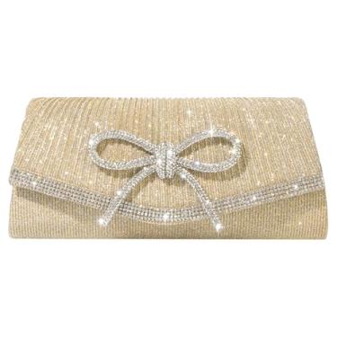 Imagem de SH Bolsa clutch com glitter para mulheres elegante com laço para noite e festa de casamento, coquetel, formatura, strass, Clutch dourada