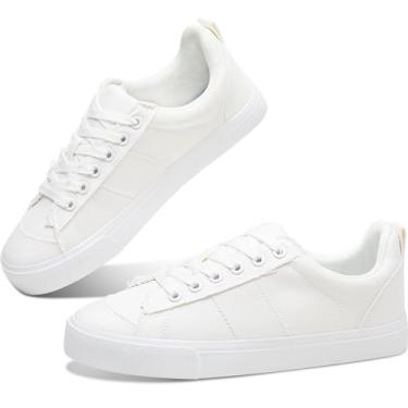 Imagem de Obtaom Tênis feminino de lona bonito com cadarço moderno confortável tênis de skate feminino casual sem salto, Tela branca, 37