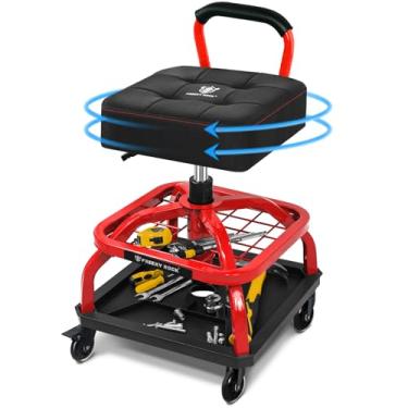 Imagem de FREEKYROCK Banco Rolling Shop com rodas, cadeira de oficina de mecânica de garagem com encosto de alça, banco de trabalho de altura ajustável, assento de rolo com armazenamento de bandeja de