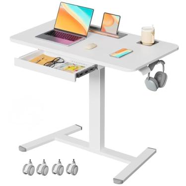 Imagem de JYLH JOYSEEKER Mesa de pé móvel com gaveta, mesa pequena de 89 cm com suporte para copos, mesa de laptop com rodinhas com rodas, mesa ajustável em altura com armazenamento para escritório em casa
