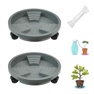 Imagem de ORIMERC Pacote com 2 suportes para plantas de 33 cm com rodas, design de drenagem e auto-irrigação, carrinho de porta-copos redondo de roda móvel, bandeja de rack de vaso de flores em rolo rodízio