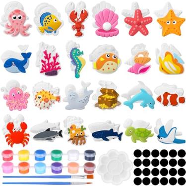 Imagem de Soulchen 24 Set Ocean Animals Ceramic Painting Kits Sea Animals Ceramic Figurines to Paint with Magnets, Paint Your Own Summer Crafts DIY Unpainted Plaster Figurine Arts with Brushes Palettes