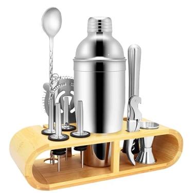 Imagem de Kit Barman, Bartender Profissional com Coqueteleira em Aço Inox, 12 Peças, Base de Madeira, Conjunto para Coquetéis.
