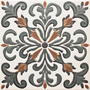 Imagem de HOMETITUTE 10 peças 12 x 12 polegadas em relevo vintage barroco verde marrom padrão de azulejos de piso descascar e colar adesivos removíveis de vinil faça você mesmo para cozinha, banheiro, sala de