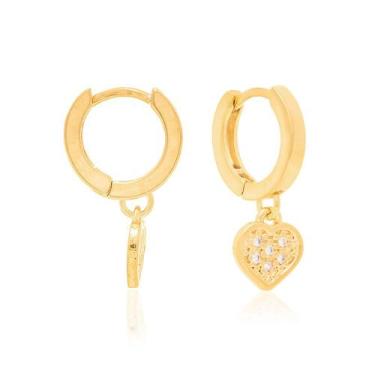 Imagem de BRINCO ARGOLA LISA E CORAÇÃO PENDURADO COM 12 ZIRCÔNIAS Brinco feminin