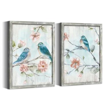 Imagem de Arte de parede emoldurada de pássaro vintage - impressões de painel de madeira de pássaros azuis e flores para sala de estar quarto estilo rústico de casa de fazenda