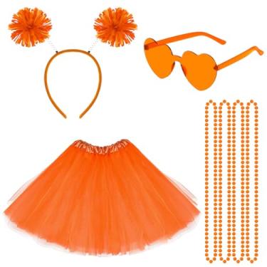 Imagem de Acessórios de fantasia de tutu dos anos 80 para mulheres, saia tutu, coração, óculos de sol, pompom, faixa de cabeça, colar para festa de Halloween e carnaval, Laranja, One Size