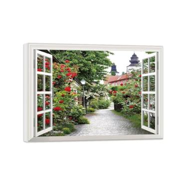 Imagem de Impressões Janela Falsas-Flores vermelhas rua-Paisagem Urbana Pinturas em Tela-Quadro para Decoração Sala de Estar Tela Embrulhada 50x70cm