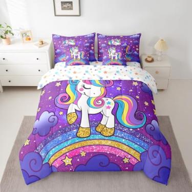 Imagem de Feelyou Conjunto de cama de unicórnio para crianças, meninas, tamanho casal, conjunto de 7 peças, estampa de estrelas, ultramacio, com edredom, lençóis, fronhas, unicórnio, glitter, animal fofo