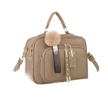 Imagem de Bolsa Feminina Com Chaveiro Pompom Tira Colo Faixa de Mão De Couro Tranversal (Caqui escuro - DEC6012#)