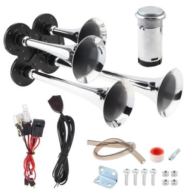 Imagem de DriSentri Kit de buzina de trem com 4 buzinas de trompete para caminhão 12V 185dB buzina de ar super alta quatro trompete com compressor adequado para carros, SUVs, caminhões, barcos, motocicletas