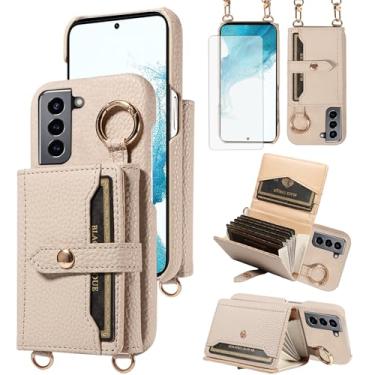 Imagem de Furiet Capa carteira para Samsung Galaxy S22 5G com tela de vidro temperado, alça de ombro, fivela de anel, bolsa de órgão, suporte de cartão de couro PU de luxo para S 22 22S 4G G5 15.5 cm branca