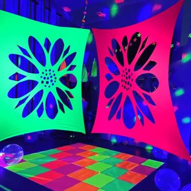 Imagem de Tecido de fundo de lycra e elastano com luz neon UV, brilhante no escuro sob luz UV, festa com luz negra, carnaval, rede de fundo para decoração de festa (rosa neon + verde neon (estampa floral), 2