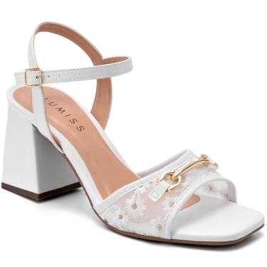 Imagem de Sandália Feminina Lumiss Salto Alto Bloco Tule Flor Bico Quadrado Confortável branco39
