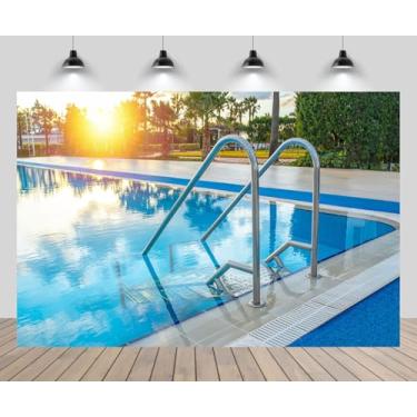 Imagem de CHNYWORK Pano de fundo de piscina de luxo de 2,1 m x 1,5 m para fotografia, hotel, litoral, piscina, resort, spa, viagem, festa, decoração, tecidos, adereços de estúdio fotográfico