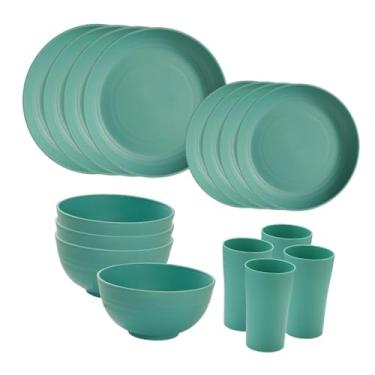 Imagem de Bothyi Conjunto de louças com 16 peças, tigelas redondas de palha PP minimalistas para 4 pratos de sobremesa inquebráveis para camping ao ar livre, cozinha, Ciano