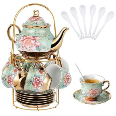 Imagem de Conjunto de chá de porcelana com suporte de metal, conjunto de chá para adultos, conjunto de chá de cerâmica europeu para adultos, conjunto de pires de xícara de chá de flores para festa com pintura