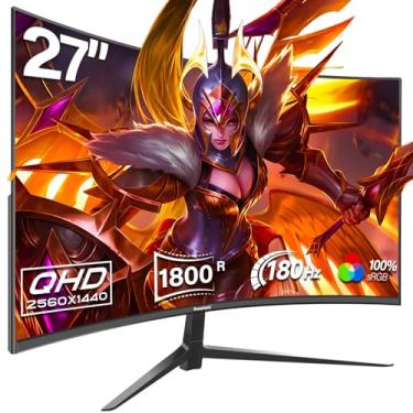 Imagem de Gawfolk Monitor curvo para jogos de 27 polegadas, monitor para PC 180Hz, QHD 2560 x 1440p com AMD FreeSync, sem cintilação, HDMI 2.0, DP 1,4, ecrã ultra fino sem moldura 2K