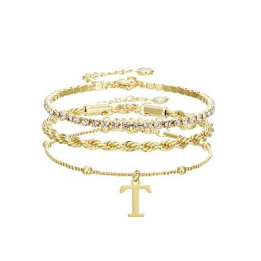 Imagem de Pulseiras de ouro para mulheres – Conjunto de joias de pilha de pulseiras de ouro delicadas com iniciais personalizadas, linda caixa de corda, corrente de corrente, pulseiras de tênis, presentes para