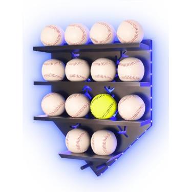 Imagem de IKEPAHOK Prateleira de exibição de beisebol com luz LED, suporte de madeira em forma de placa doméstica, organizador de parede de anel de campeonato para colecionáveis PSA SGC, moldura para pendurar