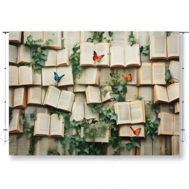 Imagem de KUKUSOUL 2,1 x 1,5 m Vintage Bookshelf Backdrop Book Butterfly Backdrop Book Butterfly Background Newborn Kids Wedding Bridal Shower Photo Banner Retrato Adereços KUBYW001