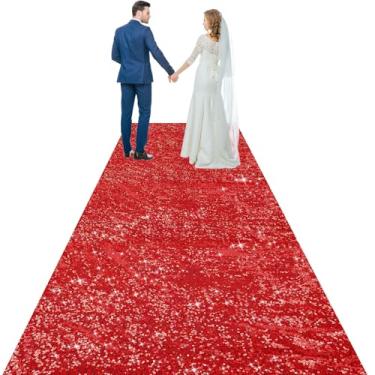 Imagem de Tingjoo Tapete de corredor de lantejoulas vermelhas de 1,3 x 15 m para cerimônias de casamento, chá de panela, festa de Natal, passarela, piso externo, interior, corredor, decoração