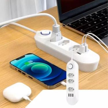 Imagem de Régua Elétrica 3 Tomadas Com Usb Metálico Para Computador - Zonne