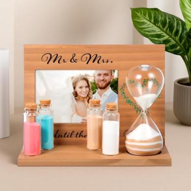 Imagem de Blosssound Conjunto de moldura de madeira para cerimônias de casamento, funil de ampulheta, areia, garrafas de vidro, kit de unidade Sr. e Sra. Until The End of Time para cerimônias de casamento