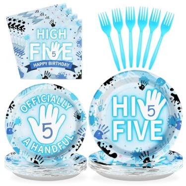 Imagem de Grencian 96 Peças Decorações Para Festa Hi Five, Pratos E Guardanapos Azuis Crianças De 5 Anos, Conjuntos Mesa Oficialmente Um Punhado 5º Aniversário Crianças, Meninas, Meninos, Suprimentos, Serve 2