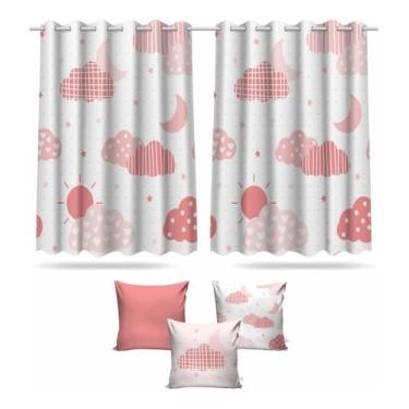 Imagem de Kit Cortina + 3 Capas Almofadas Infantil Nuvem Rosa Mod 04 - Decorando