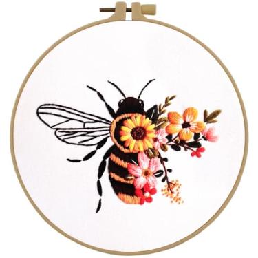 Imagem de Esffaci Kit de bordado para iniciantes adultos com padrão de abelha conjunto de bordado à mão com pano de bordado, argola, passador de agulha, fio dental e instruções (sem garantia de versão em