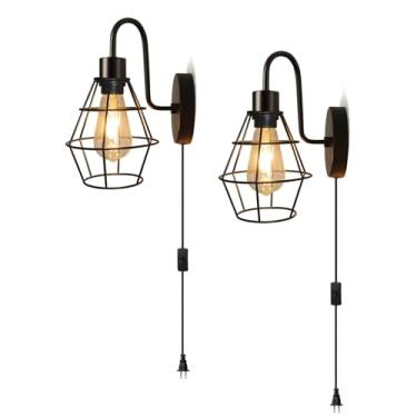 Imagem de DTIEDY Cabo de luz de parede plug-in pacote com 2 arandelas de parede com interruptor liga/desliga E26 Gaiola de metal preta plug-in lâmpadas de parede vintage industriais para cozinha, quarto