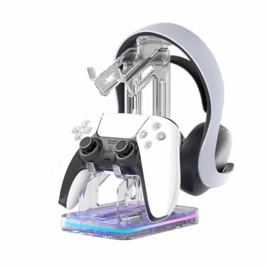 Imagem de Suporte universal de fone de ouvido RGB para controle duplo com luz RGB e 2 portas de armazenamento de carregamento USB, acessórios de jogos para fone de ouvido compatível com Switch Xbox PS5 PS4