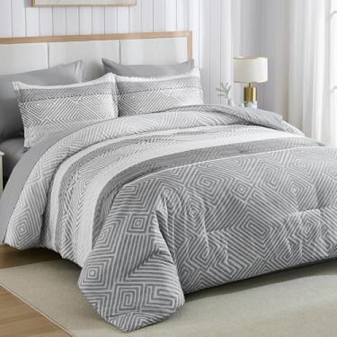 Imagem de Drucon Jogo de cama queen cinza, tamanho Queen, 7 peças, listrado, boêmio, edredom e lençol de microfibra macia para todas as estações (Queen, 228 x 228 cm)