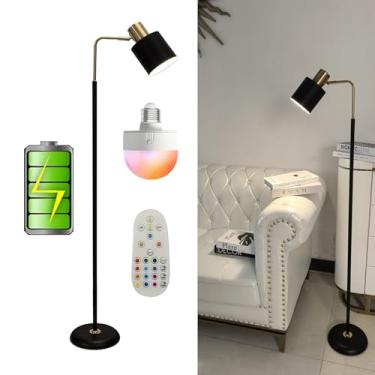 Imagem de Luminária de chão moderna de leitura sem fio operada por bateria com controle remoto, lâmpada de chão minimalista recarregável em ouro preto com abajur de metal sem fio elétrico para sala de estar e