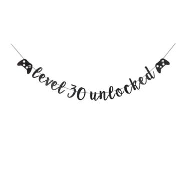 Imagem de SNFHWL Banner desbloqueado nível 30, placa de festa de aniversário com tema de jogos, bandeira de festa de 30 anos de jogador, guirlandas de decoração de festa de videogame, adereços pretos
