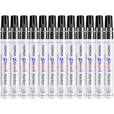 Imagem de Canetas de tinta preta marcadores permanentes – pacote com 12 canetas marcadoras à base de óleo, ponta média, secagem rápida e à prova d'água para pintura de rocha, pneu de carro, metal, plástico
