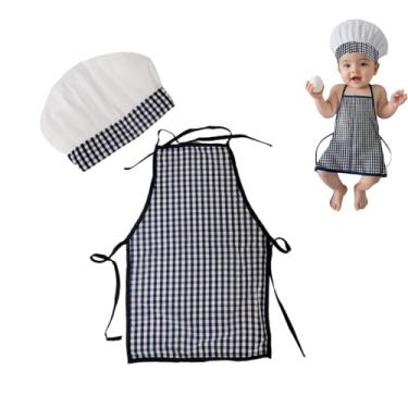Imagem de 2 pacotes de adereços para fotografia de recém-nascidos, roupa fofa de chefe de cozinha de 0 a 4 meses, mini chapéu de chef e avental, adereços para fotos para meninas (azul marinho)