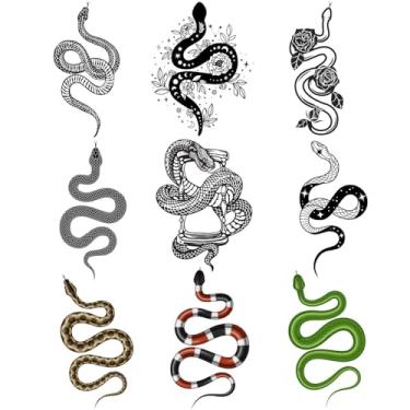 Imagem de CARGEN Tatuagens temporárias de cobra realistas – 3 folhas 9 designs 3D adesivos de cobra tatuagens falsas de cobra para mulheres homens adultos rosa verde flor estrela ampulheta arte corporal braço