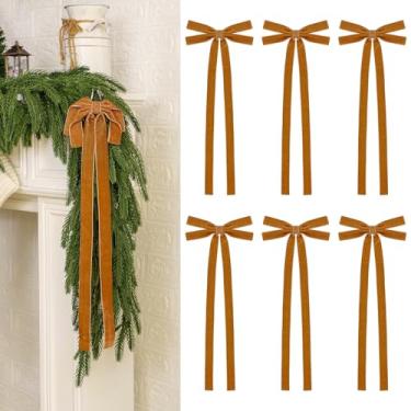 Imagem de Conjunto de 6 laços de veludo de Natal rústicos pré-fabricados com coroa de flores com cauda longa, ornamentos de Natal vintage para topo de árvore, guirlanda, lareira, escadas, decoração de porta, 20