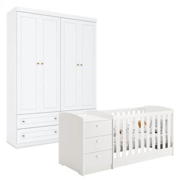 Imagem de Berço Multifuncional Atlanta e Guarda Roupa 4 Portas Mississipi Branco Fosco Henn - Reller