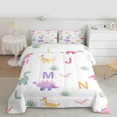 Imagem de Feelyou Jogo de cama fofo de dinossauro, macio para meninos e meninas, conjunto de edredom solteiro, letra inicial, alfabeto, microfibra, animal selvagem, decoração de quarto, 2 peças com 1 fronha
