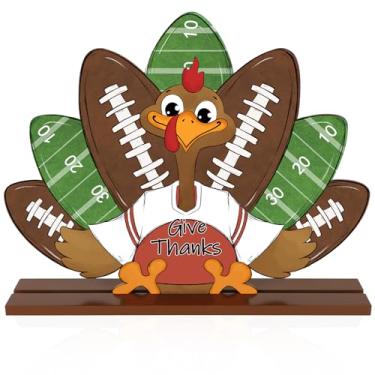 Imagem de Decoração de Ação de Graças, placa central de mesa de madeira de futebol de Ação de Graças, decoração retrô de peru para decoração de casa esportiva outono outono (Turquia)