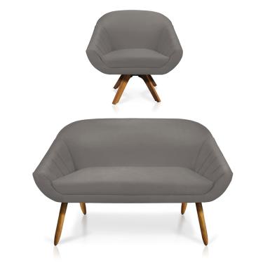 Imagem de Kit 01 Namoradeira 02 Lugares e 01 Poltrona Giratória Giovana Suede Grafite Base Madeira MM30 - D'Rossi