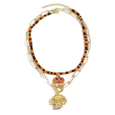Imagem de Colar Afro Pingente Halloween Abóbora Corrente Elo Caveira Dourado-Kit Colar Feminino Choker African com Abobora Cordão Tijolinho Fecho T Bastão e Anel Caveira Dourada Grande Festa Temática -Gargantilha Presente Feminina Dupla Camadas Festa Datas Especiais Fantasia