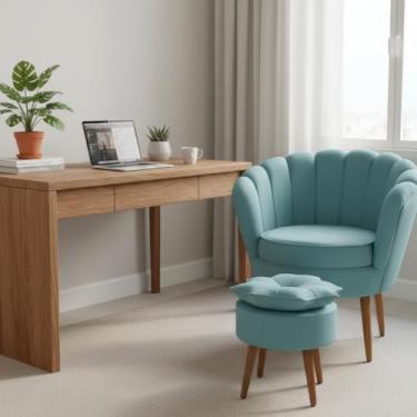 Imagem de Kit Poltrona Pétala com Puff Decorativo em Veludo, Pés Palito Madeira, Conforto e Estilo para Sala, Quarto ou Escritório (Azul Turquesa)