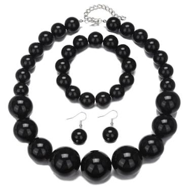 Imagem de KZL Conjunto de joias de contas grossas para mulheres colar gargantilha de contas coloridas redondas de acrílico dos anos 80 brincos com pingente de gota de néon retrô grande pulseira de fio joia de