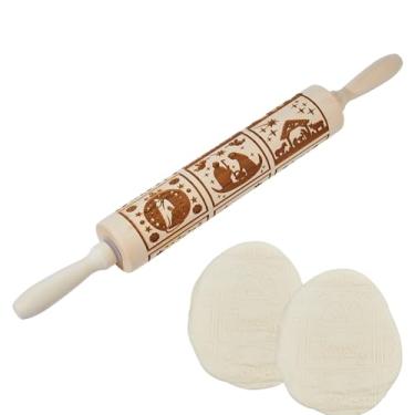 Imagem de DICOSMETIC Rolo de massa de madeira de Natal em relevo, rolo de massa de 41,7 cm, ferramenta de decoração de cozinha para assar biscoitos em relevo, pastelaria, waffles (padrão de Feliz Natal)